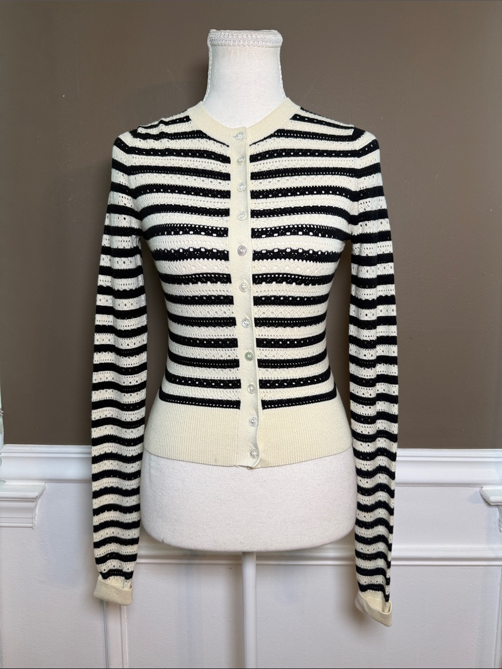 Amanda Uprichard Seine Cardigan XS Black Cream Striped Pointelle Crop - Picture 2 of 10